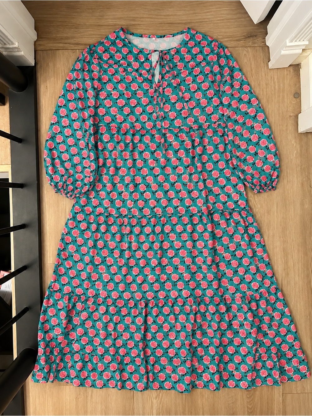 Tie-Neck Tiered Midi Dress in Teal with Pink Floral